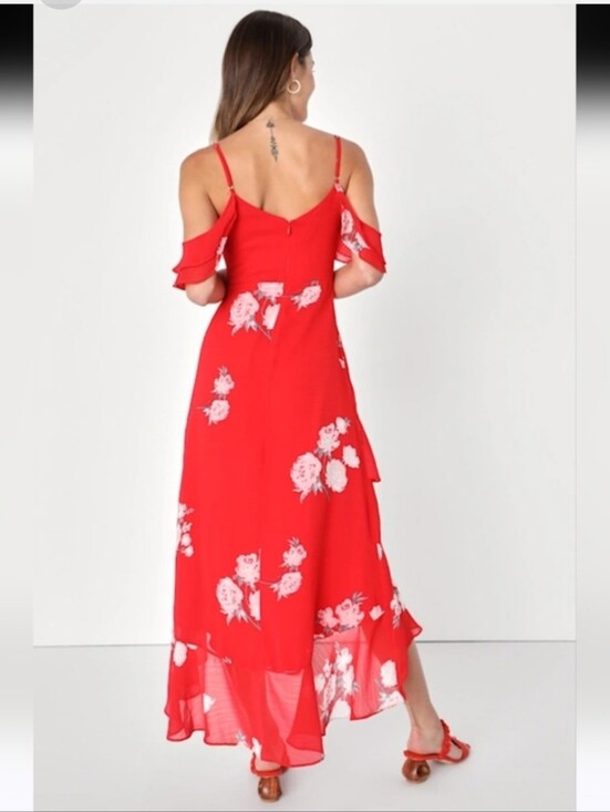 Lulus Dresses & Skirts - Lulu's Red Floral Cold-Shoulder Maxi Dress